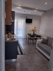 een keuken en woonkamer met een bank en een tafel bij PENSIUNEA IDEAL in Băile Borşa