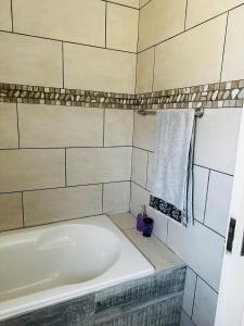 een badkamer met een bad en een handdoek aan de muur bij Euphorie in Walvis Bay