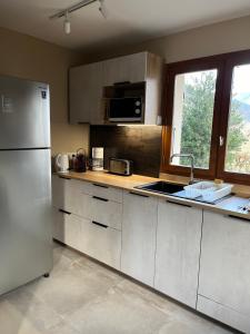 a kitchen with a white refrigerator and a sink at Le Chal'heureux , grand chalet familial 8 personnes in Saint-Pierre-de-Chartreuse