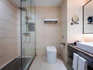 a bathroom with a shower and a toilet and a sink at Park Inn by Radisson Hanzhong Central Square & High speed rail station in Hanzhong