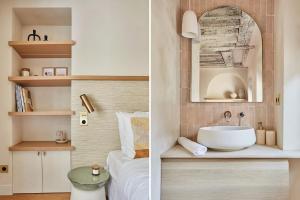 two pictures of a bathroom with a sink at Apartment Place Vendome by Studio prestige in Paris