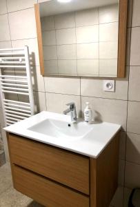 ein Badezimmer mit einem weißen Waschbecken und einem Spiegel in der Unterkunft Sainte Cécile 9 - Studio Pop entre sol in Vichy