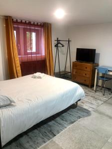 a bedroom with a bed and a tv and a table at Sainte Cécile 9 - Studio Pop entre sol in Vichy