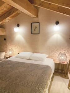 圣福瓦-塔朗泰斯Chalet Mélèze skis aux pieds Alpes, Sainte-Foy station 1550的卧室配有一张床,墙上有两盏灯