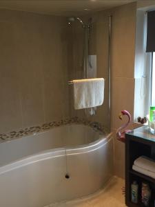 a bath tub in a bathroom with a pink flamingo at EsJays at Knowles House in Lytham St Annes