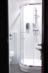 een glazen douche in een badkamer met een toilet bij BDSM Red Apartments in Vilnius