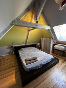 um quarto com uma cama no sótão em Un grand Paradis dans le Périgord em Saint-Amand-de-Coly