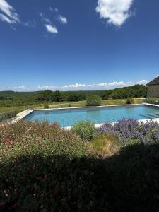 a large swimming pool in a garden with flowers at Un grand Paradis dans le Périgord in Saint-Amand-de-Coly