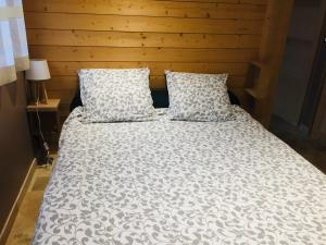 ein Bett mit zwei Kissen darüber in der Unterkunft Le Séchoir un Grand coin de paradis in Saint-Amand-de-Coly
