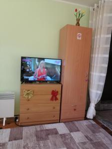 a tv sitting on a dresser next to a cabinet at Apartman Panorama in Mokra Gora