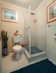 een badkamer met een toilet en een glazen douche bij Paradise in Lankaran