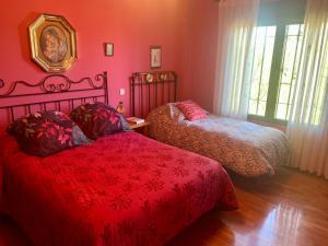 duas camas num quarto com paredes vermelhas em LUXURY Positive House Gran Chaparral Toledo em Pepino