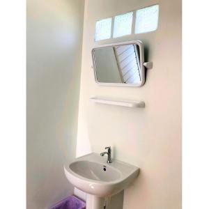 a bathroom with a sink and a mirror at Quality Time farm stay: Yard house in Ban Pa Lau