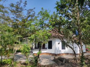 una casa bianca con degli alberi di fronte di Woodside Haven a Chegāt