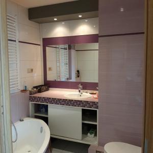 a bathroom with a sink and a toilet and a mirror at ClickTheFlat24 Prestige Apart Rooms Pokoje Czechów in Lublin