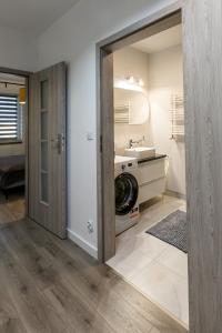ein Badezimmer mit einem Waschbecken und einer Waschmaschine in der Unterkunft Old School Apartament in Bolesławiec