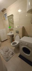 La salle de bains est pourvue de toilettes, d'un lavabo et d'un lave-linge. dans l'établissement Budva Morska oaza, à Budva