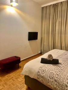 una camera con un letto e una televisione a muro di Central 2 bedroom flat in heart of Eaux-vives a Ginevra