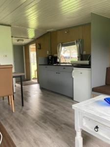 eine Küche mit einer Theke und einem Tisch in einem Zimmer in der Unterkunft Chalet op mini-camping de Peelweide in Grashoek