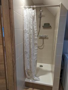 a shower with a white shower curtain in a bathroom at Le Cosy (20' Strasbourg en Bus) in Marlenheim