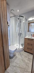ein Bad mit einer Dusche, einem WC und einem Waschbecken in der Unterkunft Apartament Oliwia in Kluszkowce