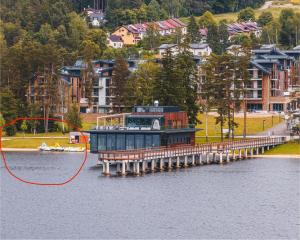 a house on a dock on a body of water at Molo Lipno resort luxusní apartmán 4kk in Český Krumlov
