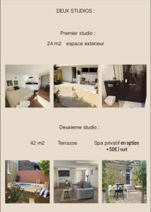 un collage de différentes photos d'un salon dans l'établissement Adorables studios - emplacement idéal, à Saint-Gilles-Croix-de-Vie