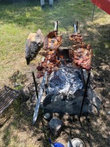 un grupo de carne y pinzas en una parrilla en Hospedaje Familiar Nicomacc, en Melipeuco