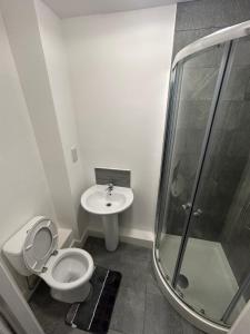 曼徹斯特的住宿－Lovely 1 bed apartment in Salford，带淋浴、卫生间和盥洗盆的浴室