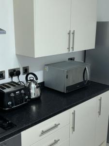 曼徹斯特的住宿－Lovely 1 bed apartment in Salford，厨房配有烤面包机和烤箱,台面上设有烤箱