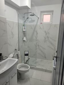 y baño con ducha, aseo y lavamanos. en Apartament cu 1 camera, en Zalău