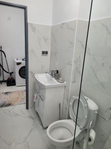 La salle de bains blanche est pourvue de toilettes et d'un lavabo. dans l'établissement Apartament cu 1 camera, à Zalău