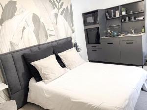 a bedroom with a white bed and a sink at Studio Jungle N2 in Alençon
