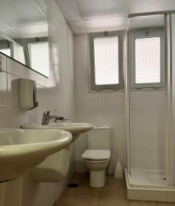 a bathroom with a sink and a toilet and a shower at Albergue Zaragoza Camping in Zaragoza