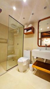 a bathroom with a toilet and a sink and a shower at Chalé Del Mar in Morro de São Paulo