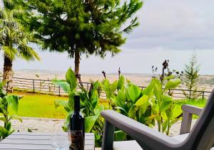 uma garrafa de vinho sentada numa mesa com vista para a praia em Celebi Garden Hotel - Cittaslow Retreat em Famagusta