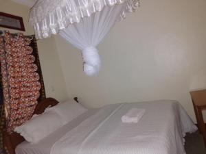 a bedroom with a white bed with a curtain at SAWA SAWA GUEST HOUSE in Kisoro
