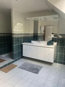 ein Bad mit einem Waschbecken und einem Spiegel in der Unterkunft BY NEPTUNE - La Villa Courtenay Piscine Privée in Courtenay