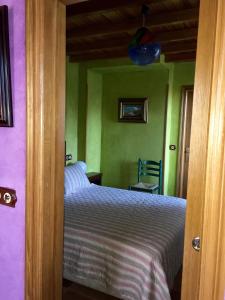 Apartamentos Rurales Casa Ron في Coaña: غرفة نوم بجدران خضراء وأرجوانية وسرير