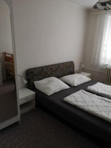 een slaapkamer met een bed met 2 kussens erop bij Apartmán U kostela in Železná Ruda