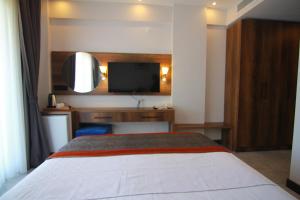 1 dormitorio con 1 cama y TV de pantalla plana en Ornella Butik Otel, en Edremit