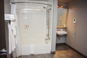 a bathroom with a shower and a sink at Travelodge by Wyndham Alma in Alma