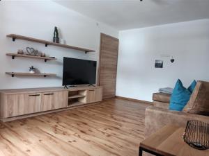 a living room with a television and a couch at Stefflgut Appartements in Maishofen