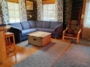 uma sala de estar com um sofá azul e uma cadeira em Holiday Home Sinisorsa by Interhome em Rutalahti