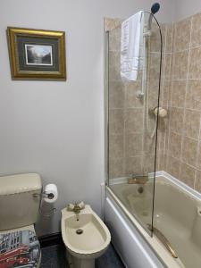 a bathroom with a toilet and a shower and a sink at townhouse apartments in Ayr