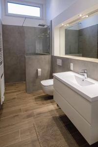 a bathroom with a sink and a toilet and a mirror at Chalet Terraluna in Heimbach