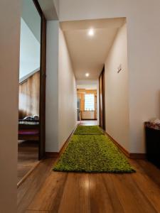 a hallway with a green rug on the floor at Kora in Sosnowiec