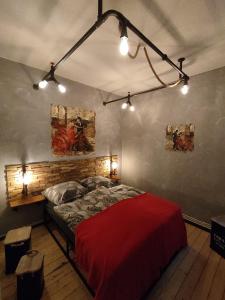 Un dormitorio con una cama roja con luces. en Altstadtblick Altenburg, en Altemburgo