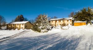 pokryta śniegiem droga przed domem w obiekcie Les Genêts du Sancy w mieście Besse-et-Saint-Anastaise