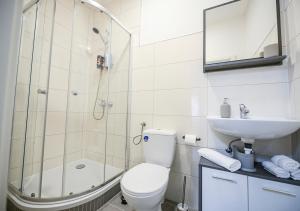 a bathroom with a shower and a toilet and a sink at GLOW Apartment in Magdeburg